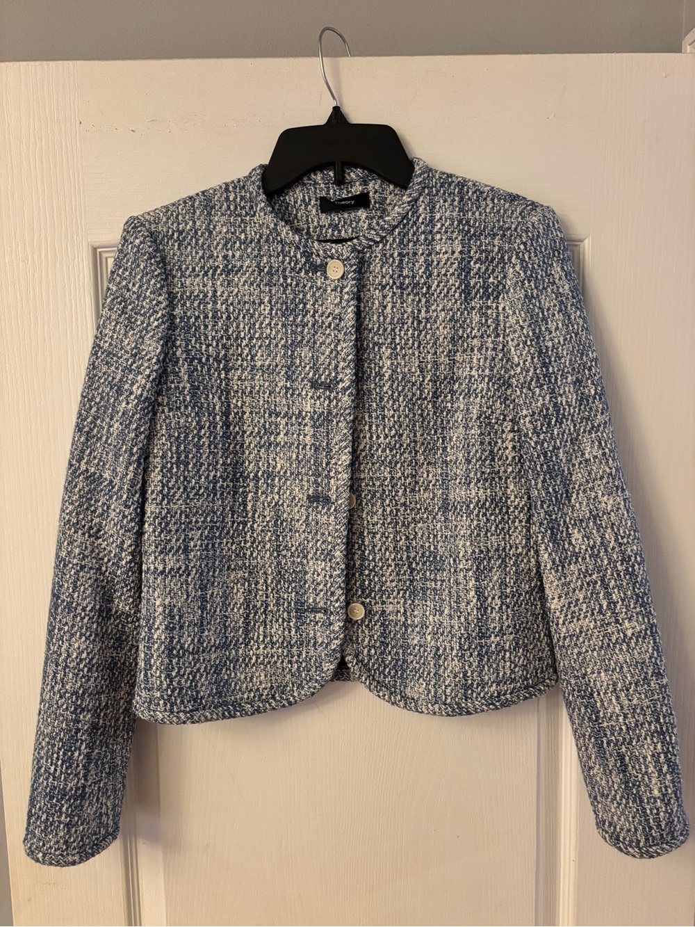 Theory Blue and White Tweed Collarless Blazer